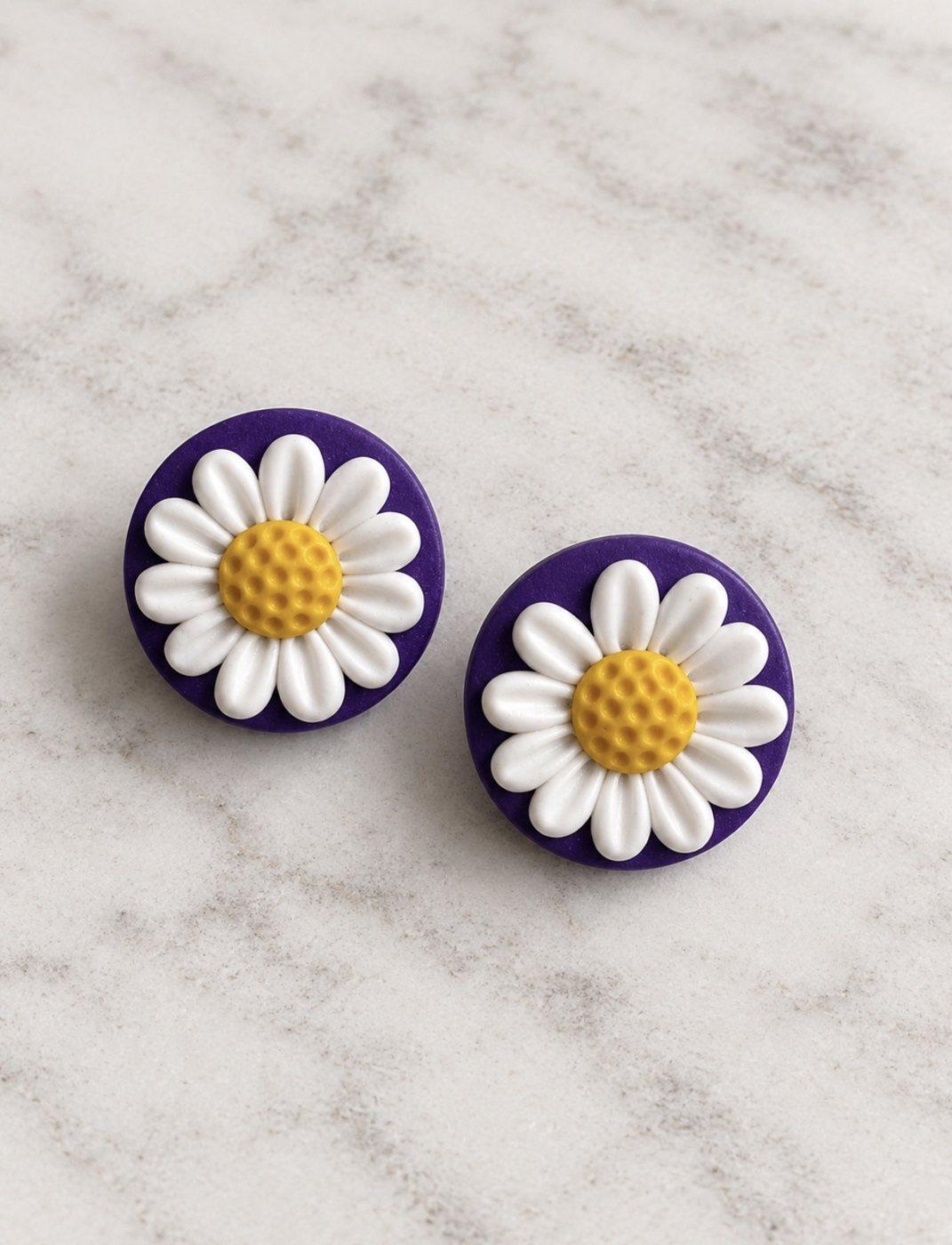 Aros botón violeta con margarita blanca sobre mármol